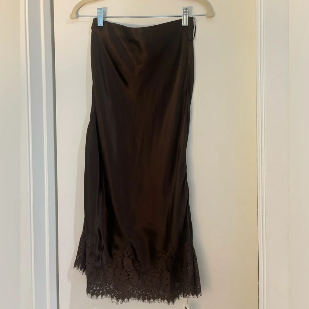 Reformation Brown Satin Slip Skirt with Lace Trim - Picture 3 of 5